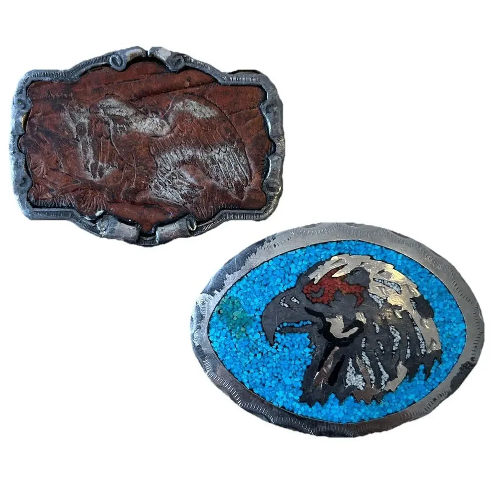 2 VTG EAGLE Belt Buckle Embossed Leather & Silver Turquoise USA American HEAVY